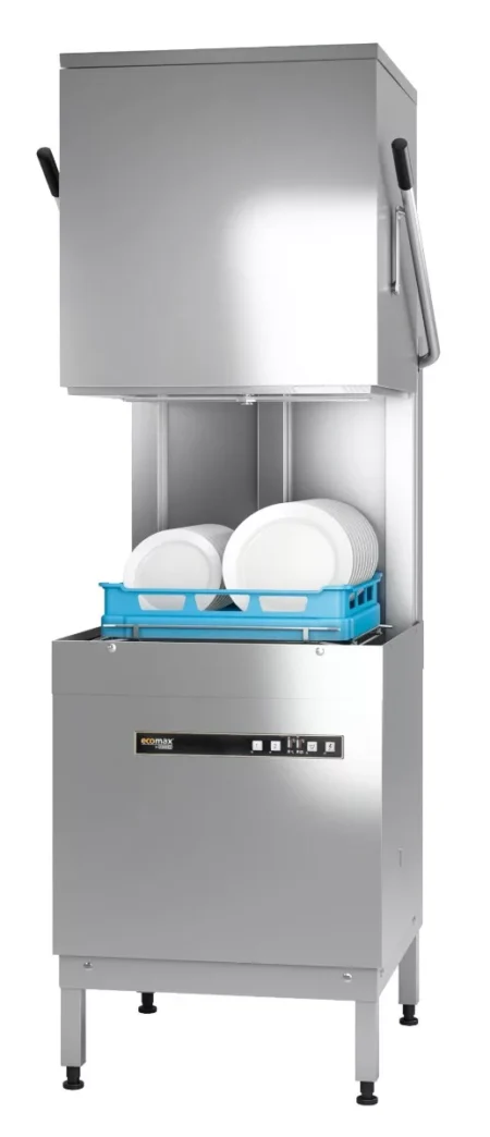 Hobart Ecomax H604W-12B Hood / Passthrough 500mm Basket Frontloading Commercial Dishwasher with Drain Pump  18 Plate Capacity