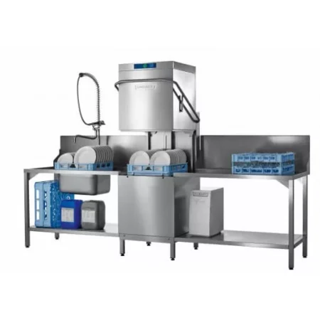 Hobart AMXXSW-10B 500mm Basket Hood / Passthrough Dishwasher with Integral Water Softener & Drain Pump  18 Plates