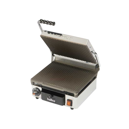 Hallco Grill MEMT16000XNS panini-contact grill single, ribbed top and bottom.