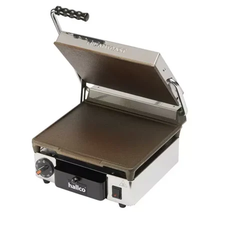Hallco Grill MEMT16002XNS panini-contact grill single, flat top and bottom.