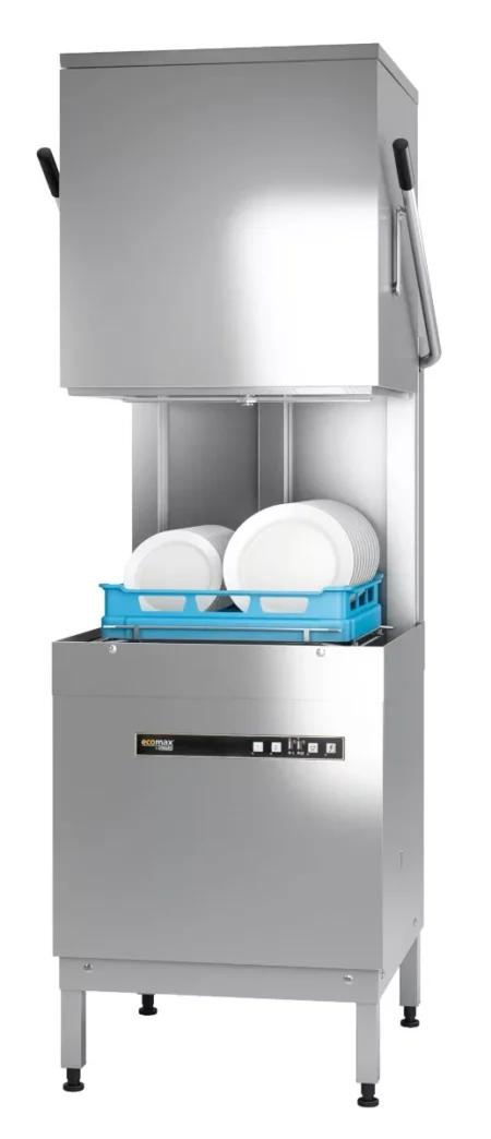 Hobart Ecomax H604SW-12B Hood / Passthrough 500mm Basket Frontloading Commercial Dishwasher with Integral Water Softener & Drain Pump  18 Plate Capacity